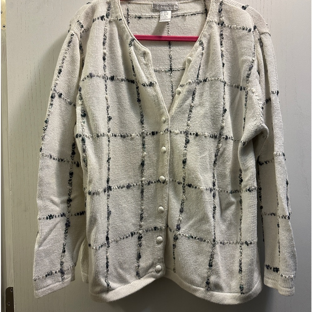 Dressbarn Cardigan. Size 14-16 Cotton Blend. Button up. White /Gray.
